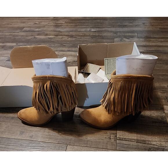 FRYE Womens Size 7.5 Pre-owned Tan Suede Fringe Heeled Ankle Boots Bootie. X - Picture 5 of 16